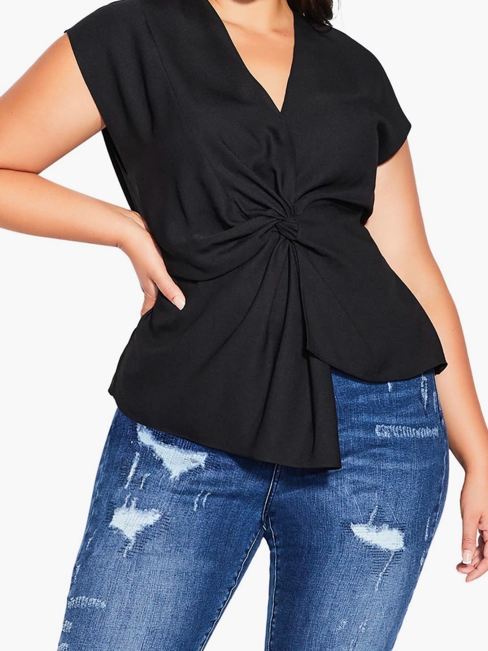 City Chic Black Twist-Knot V-Neck Top
